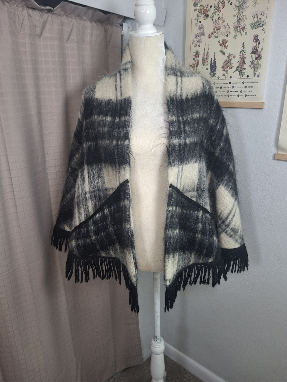Vintage Mohair by Andrew Stewart Black White Tartan Shawl with Pockets Fringe